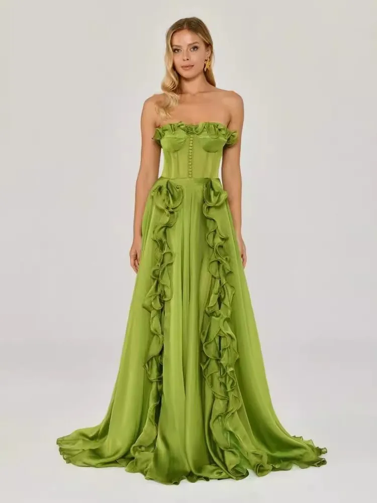 2025 Women Summer Celebrity Sexy Strapless Slash Neck Ruffles Green Maxi Long Bandage Dress Elegant Evening Club Party Dress