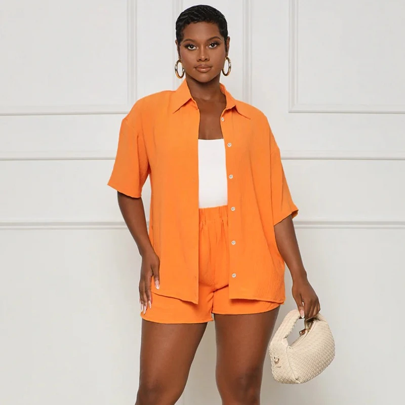 

2 Piece Sets Summer New Women Blouse Shorts Set 2023 Thin Holiday Style Solid Lapel Long Sleeve Shirts And Shorts Suit