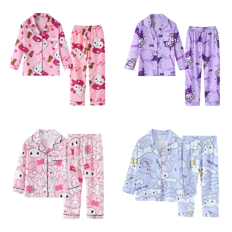 

Sanrio Hello Kitty Children Pajamas Suit Long-Sleeved Autumn Cinnamoroll Kuromi Autumn Anime Home Sleepwear Student Suit