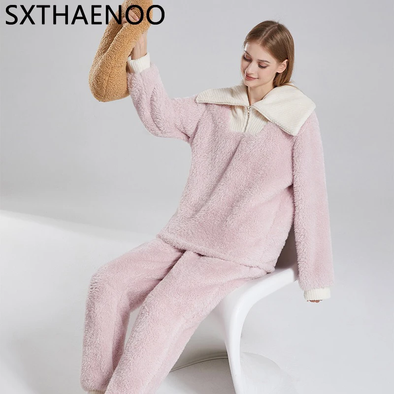 

Новые коралловые бархатные пижамы SXTHAENOO, женская зимняя Фланелевая пижама с длинным рукавом, удобная Пижама для женщин