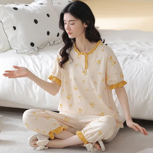 봄 여름 여성 잠옷, 반팔 카프리 바지, 여아 빈티지 홈 의류, 면 루즈 캐주얼 정장 3