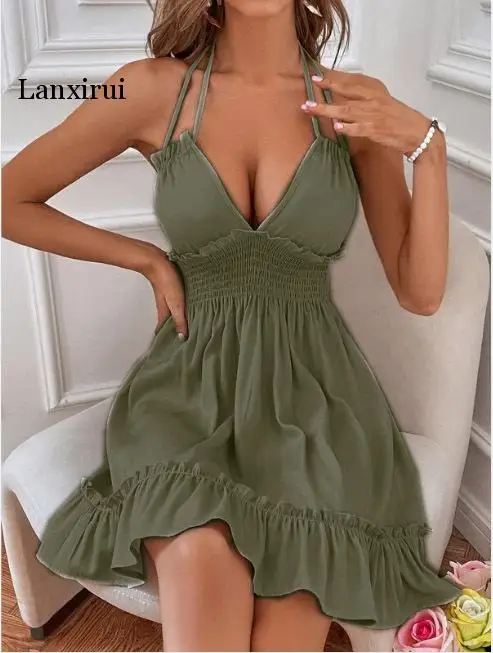 

Летние женские мини-платья на бретелях-спагетти с открытой спиной на шнуровке с оборками сексуальные кружевные лоскутные пляжные платья с V-образным вырезом без рукавов для женщин