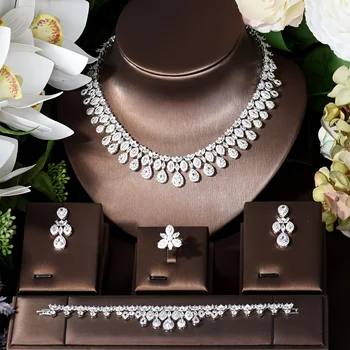 Nigeria White Gold Color Cubic Zirconia Bridal Wedding Jewelry Set Water Drop Shape 4PCS Necklace Earring Set Bijoux S-348 2