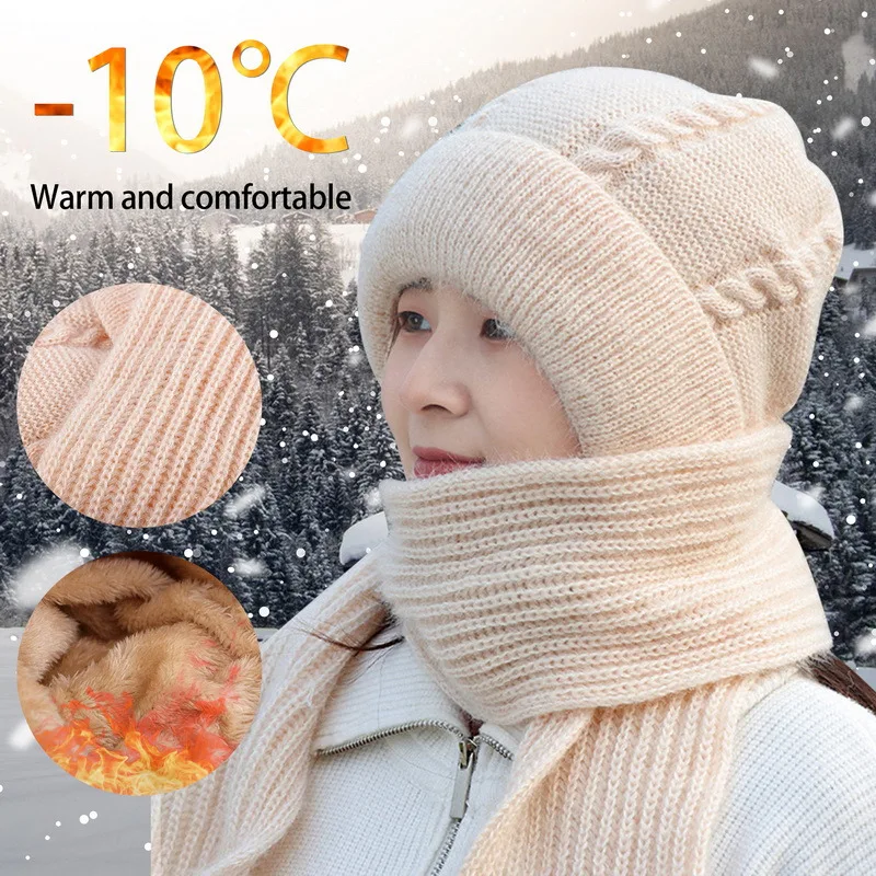 

Plush Hat And Scarf One-Piece Women Winter Warm Hat Scarf Thickened Hooded Ear Protection Outdoor Ski Female Beanie Cap Fashion