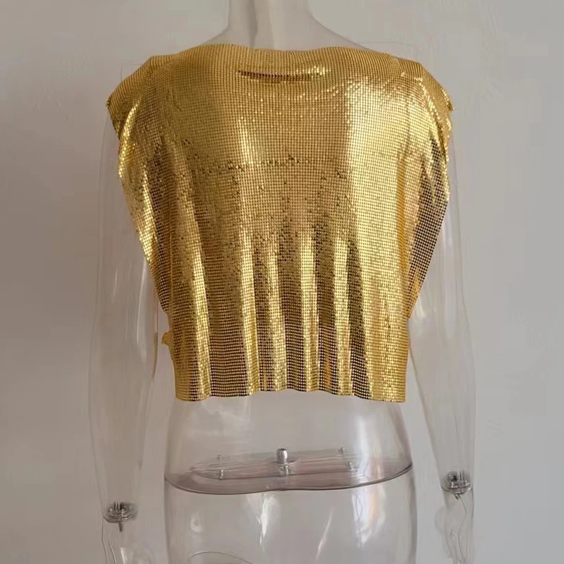 Großhandel Preis Sparkly Metall Pailletten Sexy Tank Tops Ärmellose O Neck Aushöhlen Nachtclub Gestellte Solide Luxus Frauen Crop Top – Detail 7
