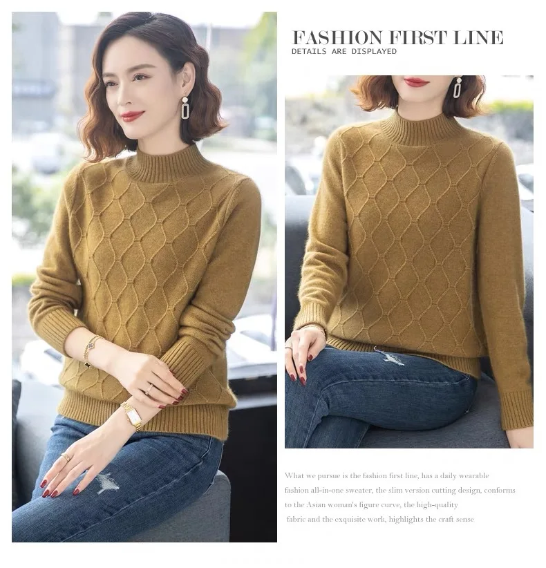 Lässiger einfarbiger Pullover mit halbem Stehkragen, modischer Herbst-Winter-Strick-Basispullover, warme Damen-Bottom-Oberteile, Pertanian – Detail 12