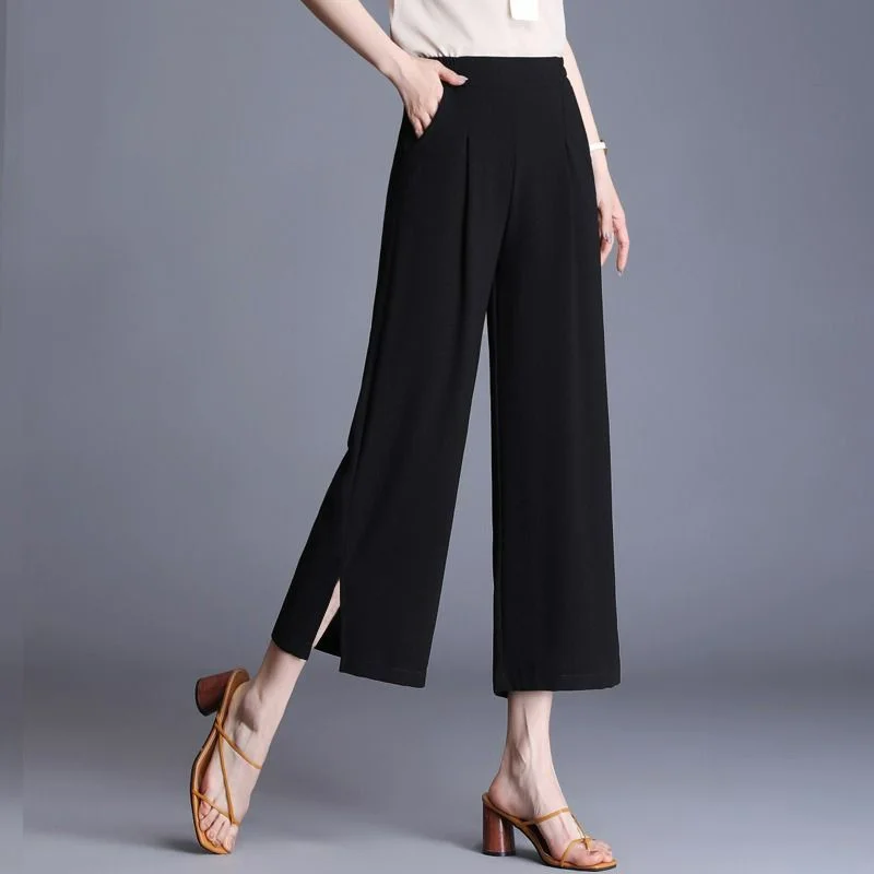Summer New Thin Printed Big Size Wide Leg Pants Women Korean Pocket Elastic High Waist Fragmented Flower Fashion Loose Capris