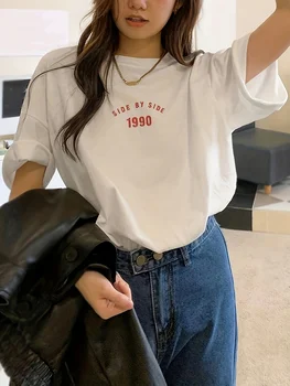 Korean Style 1990 Side By Side Letter Printed Female T-Shirt Summer Casual T Shirt Fashion Loose Streetwear Women Tops 1