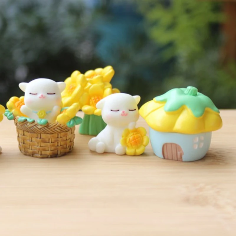 3PCS Cute Sunflower Kitten Doll Ornament Dollhouse Mini Gardening Landscape Miniature Model DIY Home Decorations Gifts