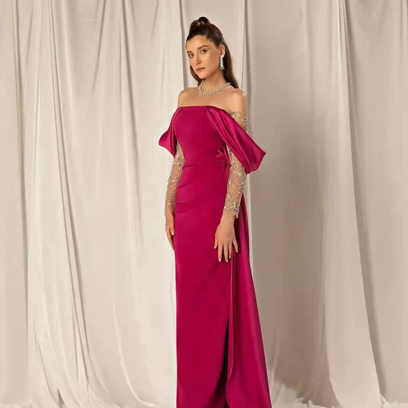 

Vinca Sunny Elegant Off Shoulder Fuchsia Party Evening Dresses for Women Wedding Arabic Lace Beaded Long Sleeve Formal Prom Gown
