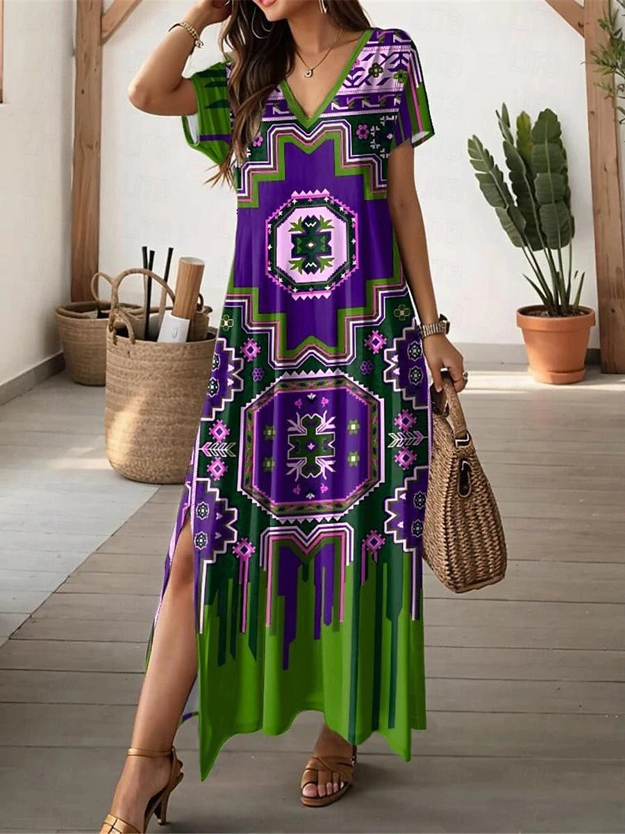 thumbnail image 1 of Vestidos para mujer, moda, cuello en V, vestido largo diario, manga corta, falda de mujer, estilo bohemio, vestidos con abertura, ropa de verano para mujer, 1 of 2