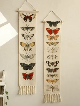Tapisserie murale Vintage Boho papillon papillon, bannière en coton avec glands, décoration de maison naturelle rustique pour salon chambre à coucher, 1 pièce 1