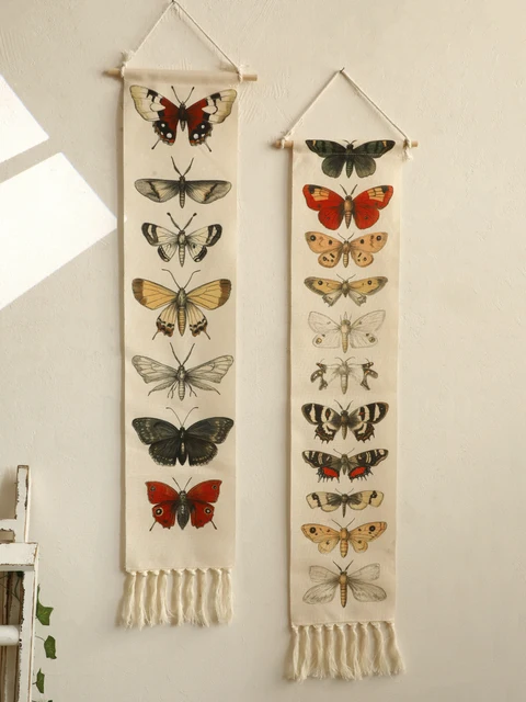 Tapisserie murale Vintage Boho papillon papillon, bannière en coton avec glands, décoration de maison naturelle rustique pour salon chambre à coucher, 1 pièce 1