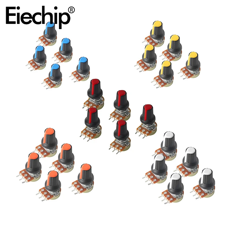 Потенциометр WH148, 5 шт., 15 мм, 3 контакта, ручки поворотного переключателя, комплект крышек B1/2/5/10/20/50/100/250/500K, 1 м, потенциометр из углеродистой пленки