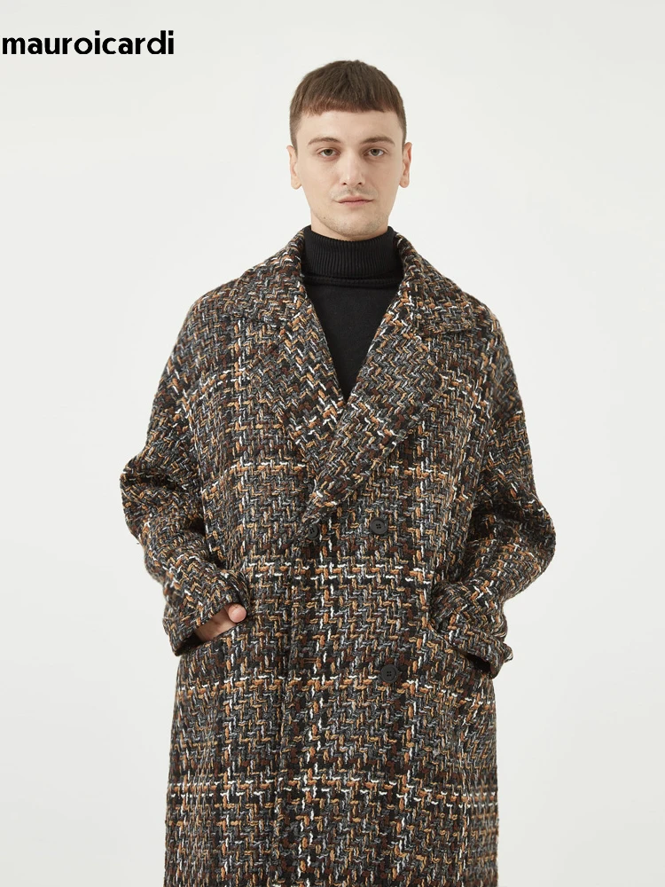 

Mauroicardi Autumn Winter Loose Colorful Stylish Warm Tweed Woolen Coat Men Double Breasted Cool Luxury Designer Clothes 2022