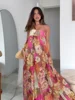 Flower Print Strapless Pleated Dress Women Sexy Backless Sleeveless Off Shoulder Loose Vestidos 2025 Summer Holiday Party Robes