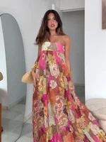Flower Print Strapless Pleated Dress Women Sexy Backless Sleeveless Off Shoulder Loose Vestidos 2025 Summer Holiday Party Robes