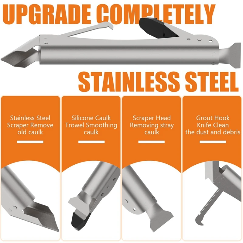 Upgraded Stainless Steel Caulking Tools, 4-In-1 Sealant Finishing Tool With 5 Silicone Squeegee, Grout Removal Tool Easy Install 5