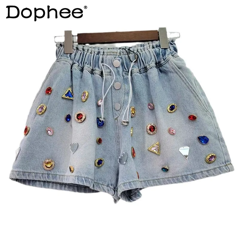 

Street Wide Leg Shorts Women 2024 Summer New Heavy Hand-Inlaid Color Diamond Elastic High Waist Loose Denim Shorts Female