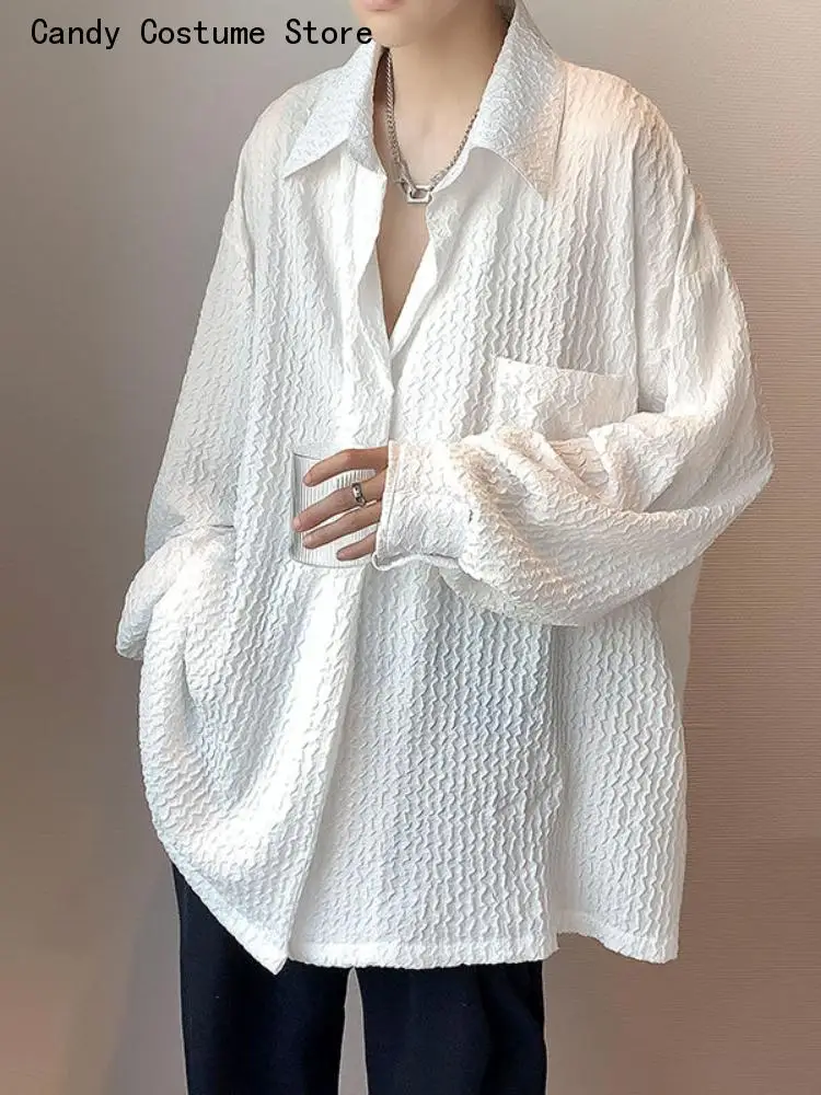 

Men's Summer Long-sleeved Shirt Trend White Button Up Blouse Men Hong Kong Style Handsome Jacket Wave Texture Niche Top