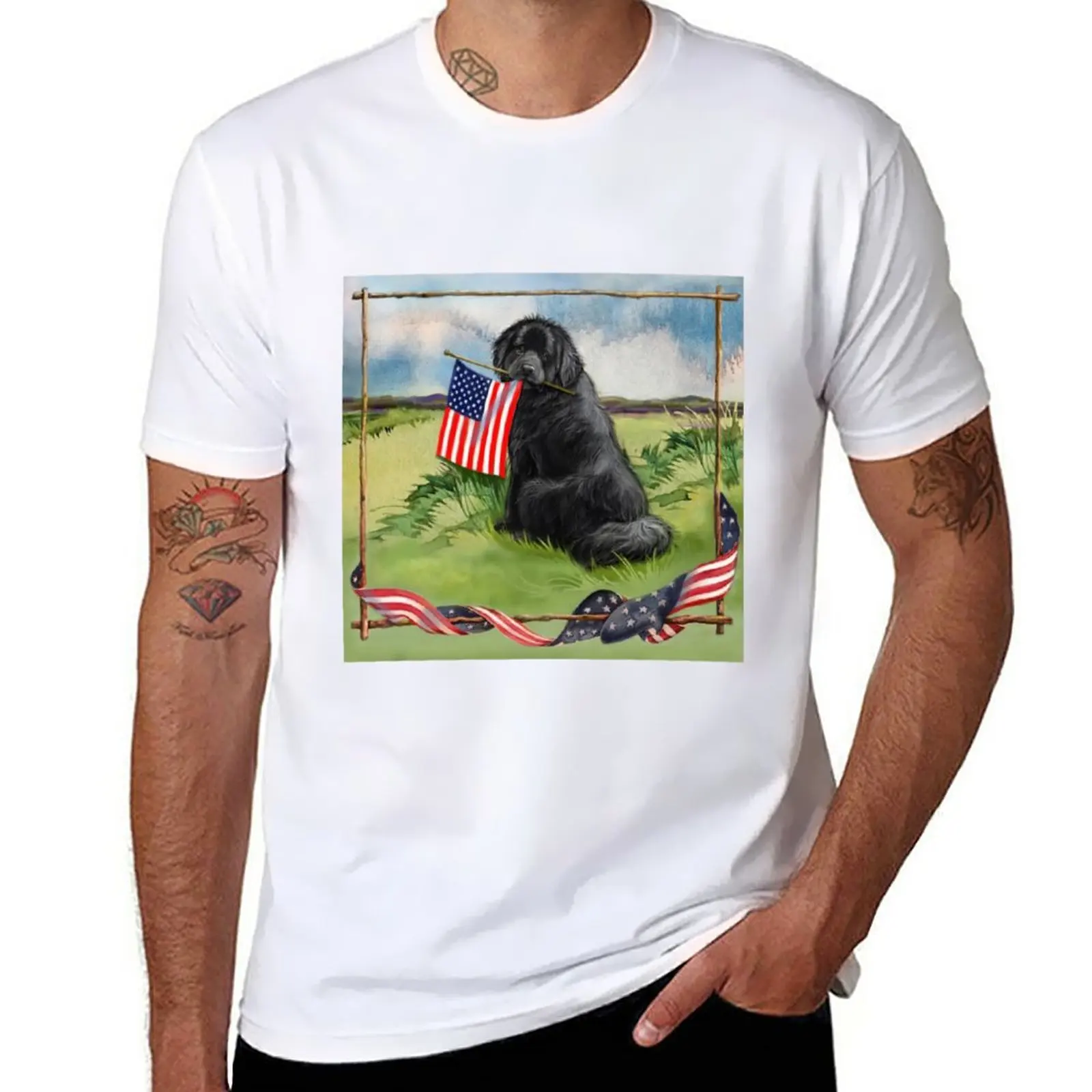 

New Newfie and American Flag T-Shirt graphics t shirt T-shirt short mens t shirt