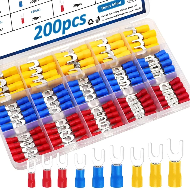 200 ชิ้น # 4, # 8, # ขั้วต่อแบบส้อมขนาด 10,1/4 นิ้ว พร้อมขั้วต่อแบบส้อมขนาด 22-16/16-14/12-10 AWG 1