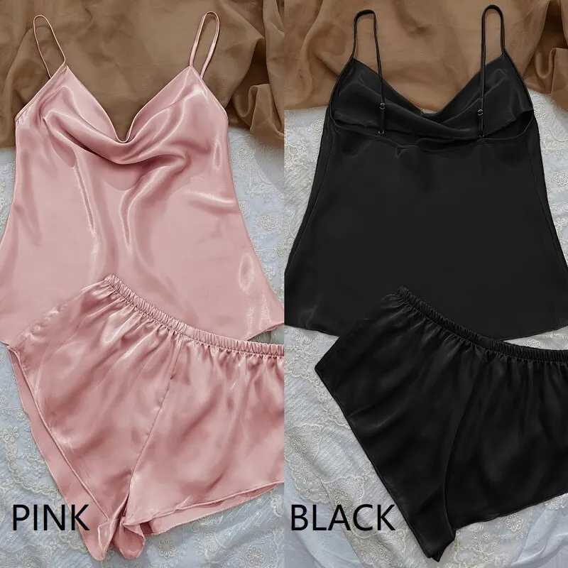 Women Ice Silk Pajamas Sleepwear Pajama Set Camisole Shorts Pink Black Blue M L XL Sexy V Neck Low Cut Smooth Casual Summer