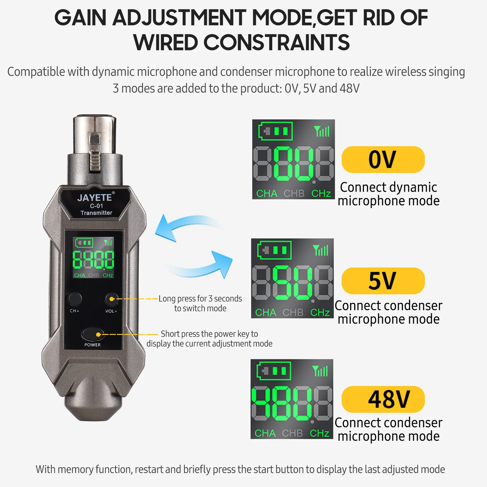 UHF Wired to Wireless Microphone Converter Transmitter Receiver 500~980MHz Receiving Transmission with 48V Phantom Power 30~50M