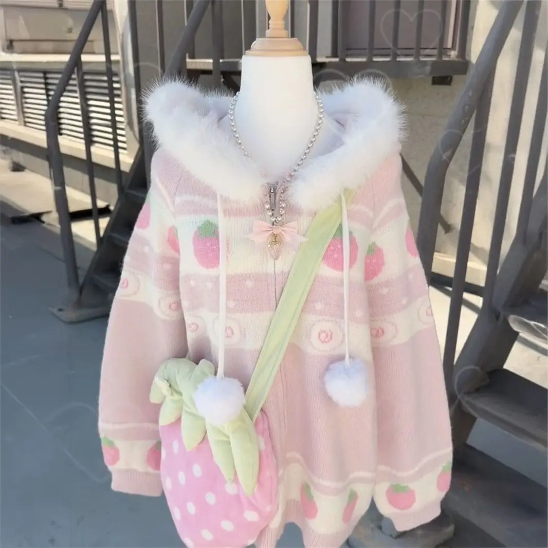 Japanese Kawaii Faux Fur Hood Sweater Long Sleeve Y2k Cute Strawberry Printed Women Casual Sweet Style Cartoon Hoodie Autumn Top 1