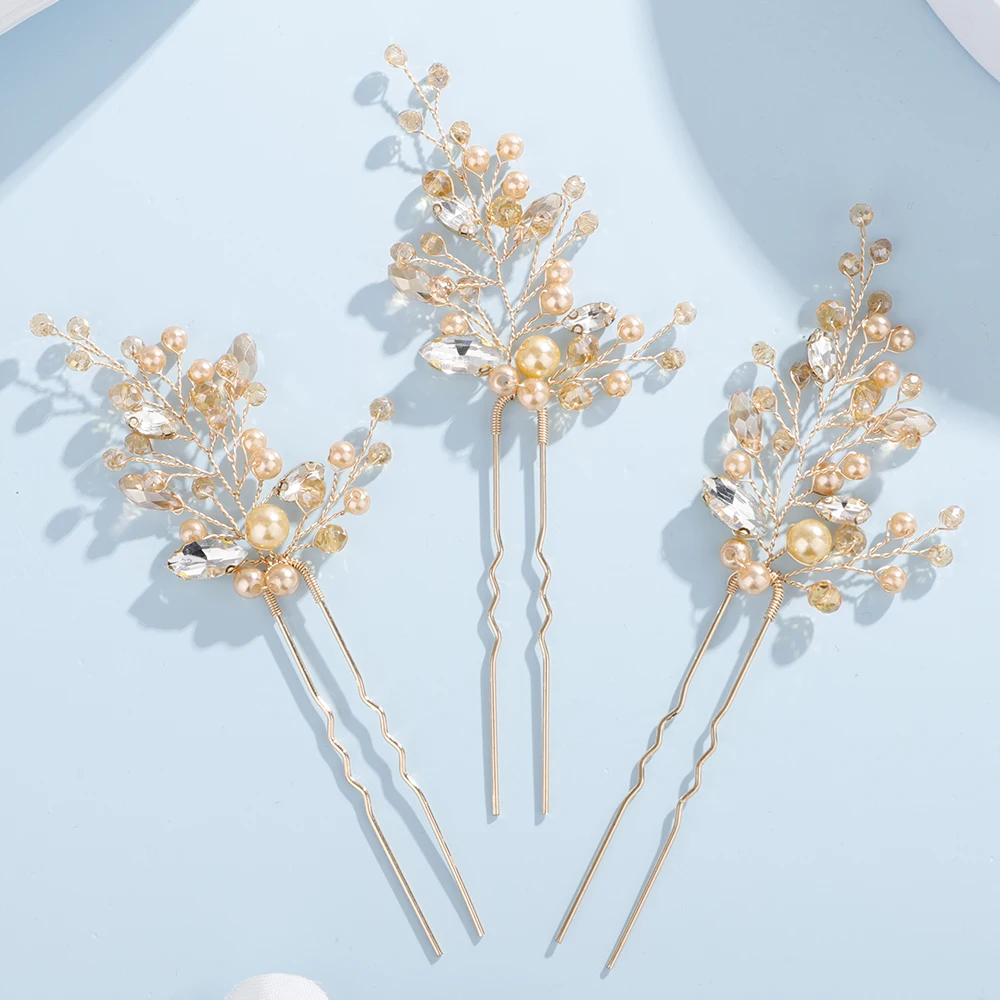 Pearl Rhinestone Bridal Headpiece Handmade Silver Gold Wedding Hair Pins Party Hair Accessories for Women and Girls Tiaras 3 Pcs