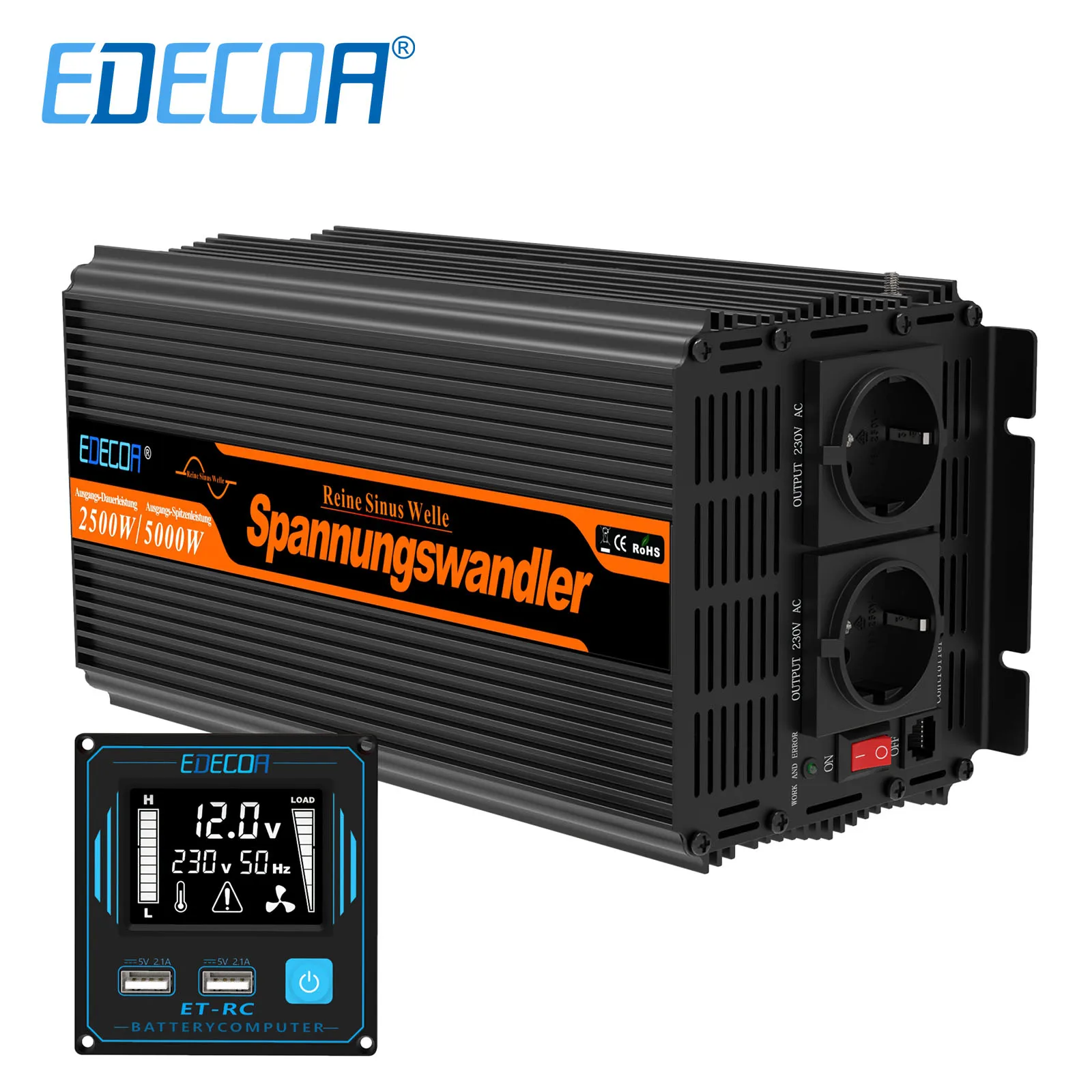 Edecoa 2500W Dc 12V A Ac 220V 230V Convertitore Di Potenza A Onda Sinusoidale Pura Inverter Off Grid Trasformatore Per Auto Sistema Solare Casa 2Kw
