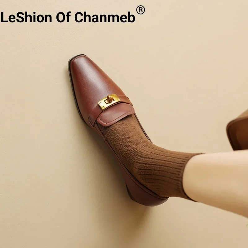 

LeShion Of Chanmeb Sheep Leather Loafers Woman Brand Golden Metal Lock Slip-ons Casual Shoes Women 2024 Spring New Loafers Brown