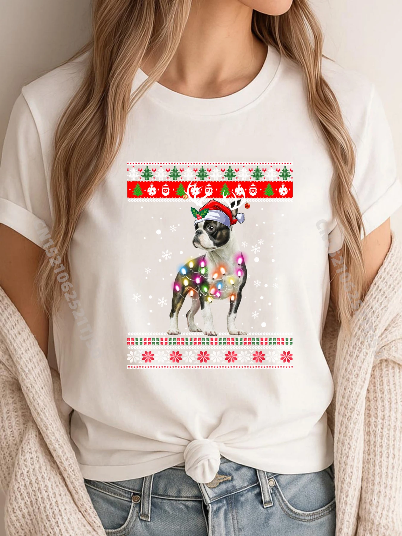 Gift Ugly Sweater Christmas Boston Terrier Father Day Tops & Tees Cute Crew Neck 100% Cotton Fabric Tee Shirts Mens Tshirts Ugly Sweater Christmas Boston Terrier Dog Puppy Xmas Pajama white