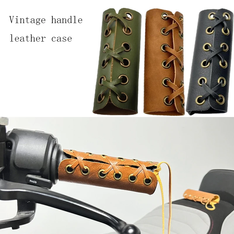 2PC Motorcycle Retro Modified Leather Grip Rubber Cover Throttle Grip Leather Cover