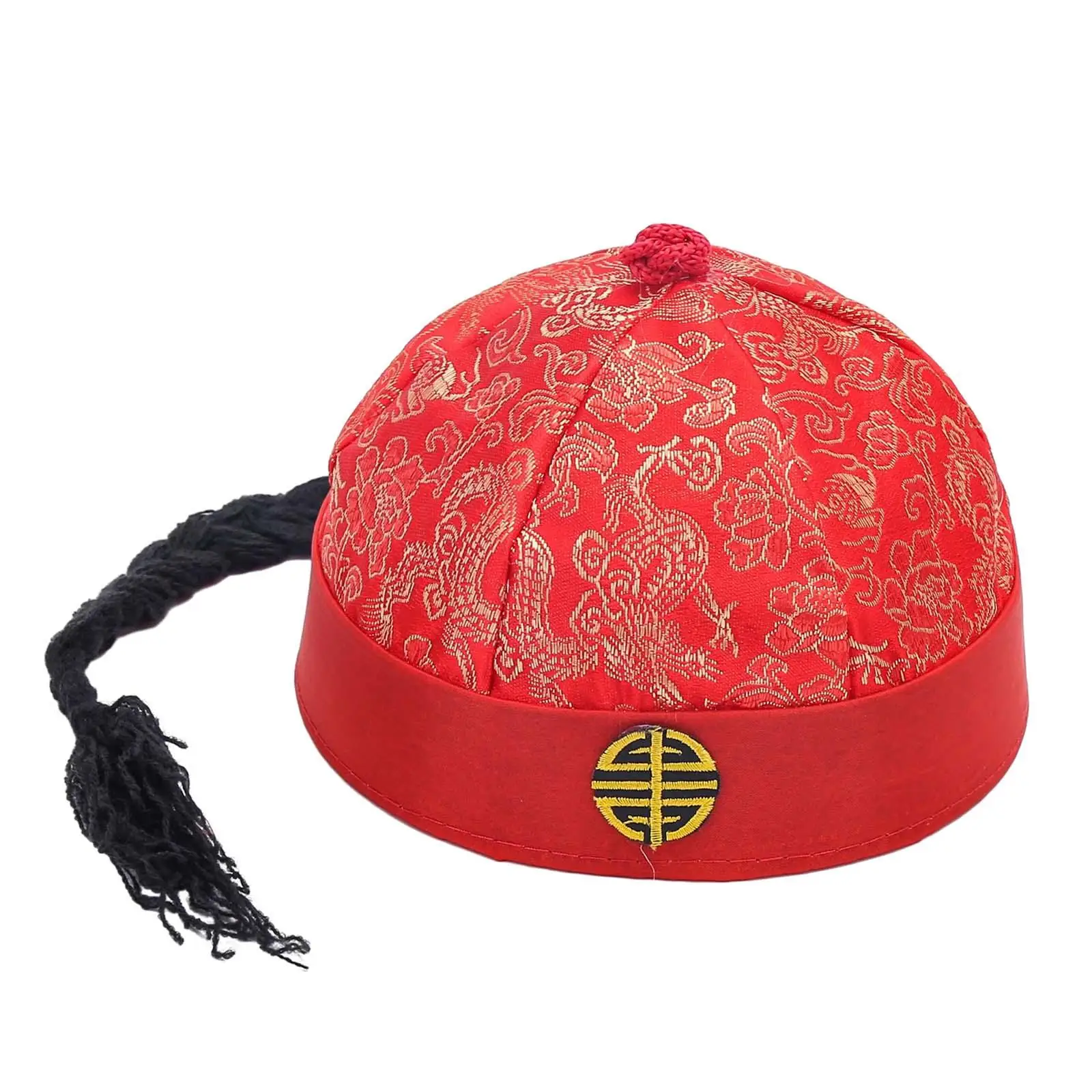 Cappello Da Mandarino Cinese In Tessuto Rosso Con Treccia - Costume Tradizionale Unisex Adulti - Foto 4