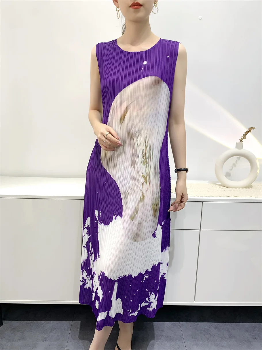 

Miyake Dress Women's Printed Pleated Dress High-Grade Loose Slimming Elegant Lady Round Neck Sleeveless Vest Dress