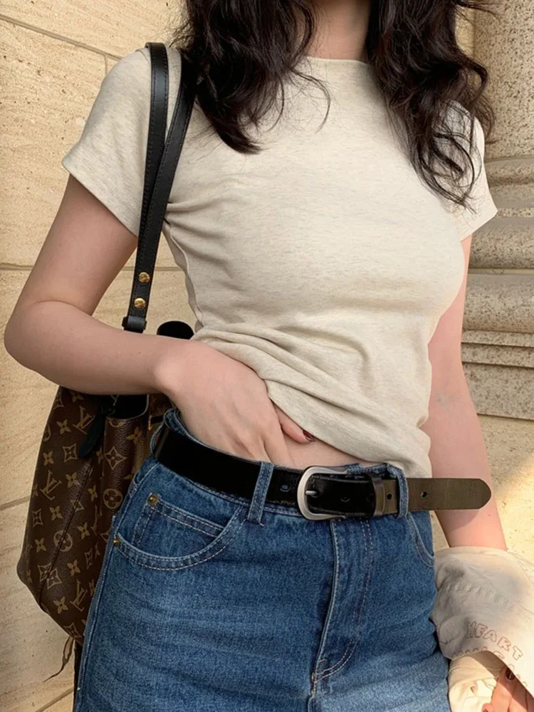 

Модная повседневная Летняя женская облегающая футболка 2024, облегающая хлопковая футболка с коротким рукавом и круглым вырезом, кроп-топы A99