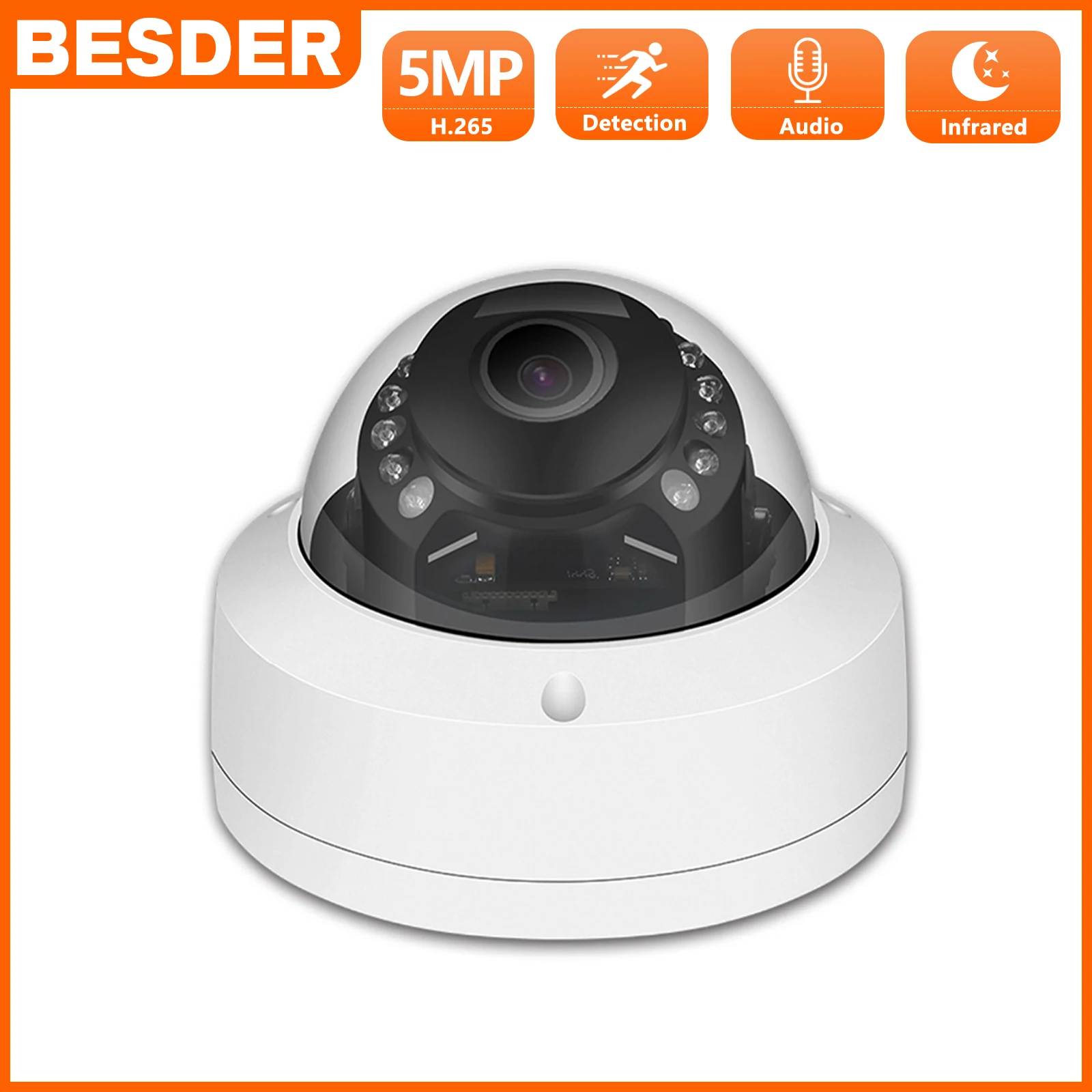 BESDER 5MP Wired Audio IP Camera Ultra HD H.265 48V PoE Home Security Dome Camera CCTV Surveillance Motion Detect Vandal-proof