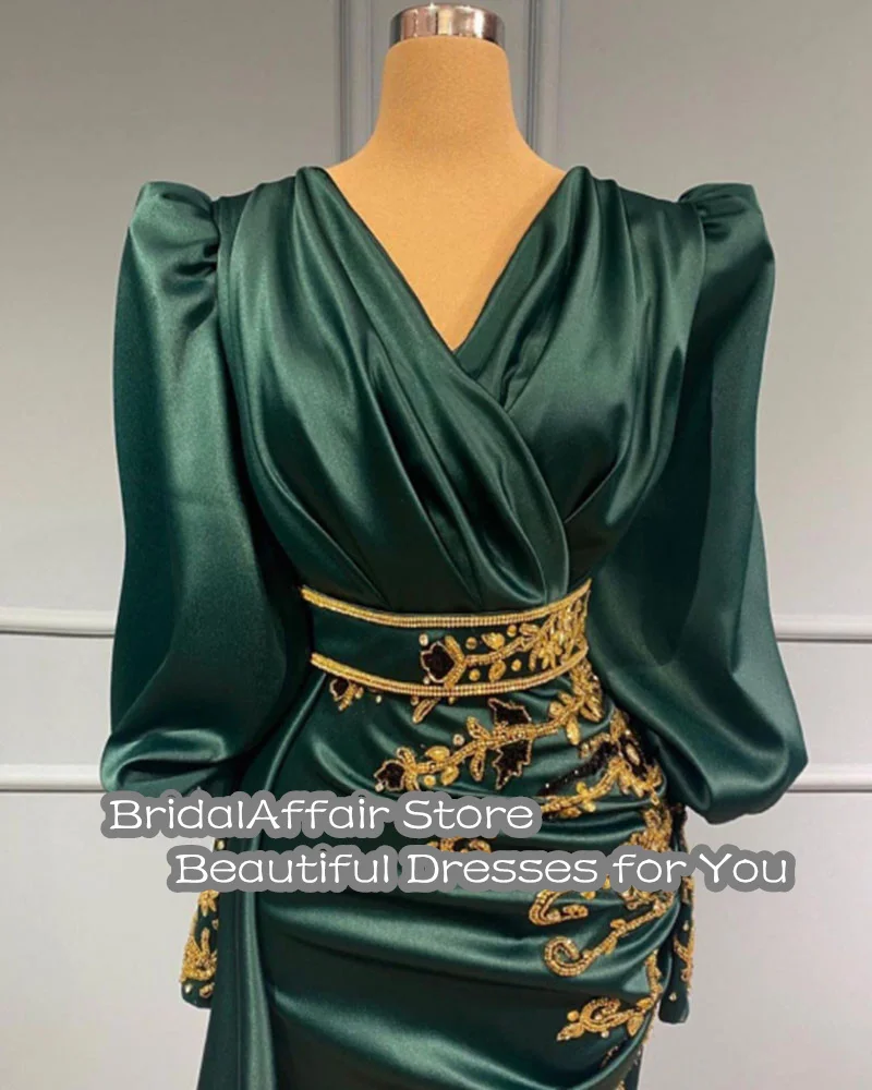 BridalAffair Green Satin Evening Dresses Dubai Arabic Formal Prom Party Gowns With Gold Lace Long Sleeves Celebrity Dress