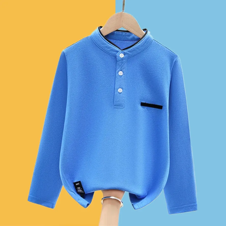 

Spring Autumn Children's Polo Shirt School Uniform Stand Collar Kids Long Sleeve Tops For Teenager Boys 4-15 Years Wear