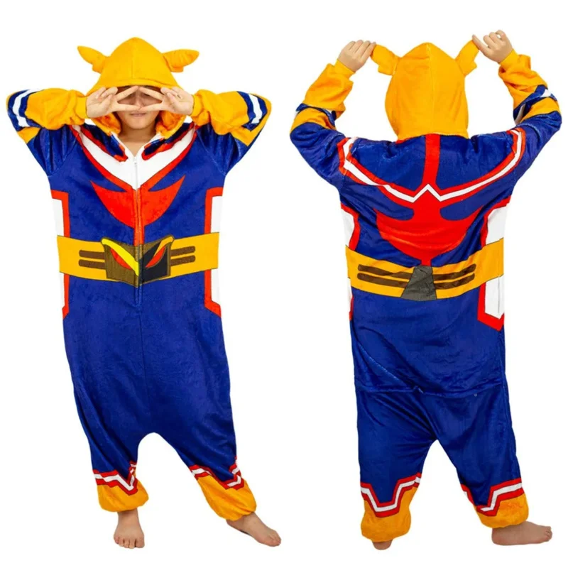 Adult Unisex Cartoon Pajamas Anime My Hero Academy All Might Cosplay Bathrobe Flannel Jumpsuit Kigurumi Halloween Outfit PR3111