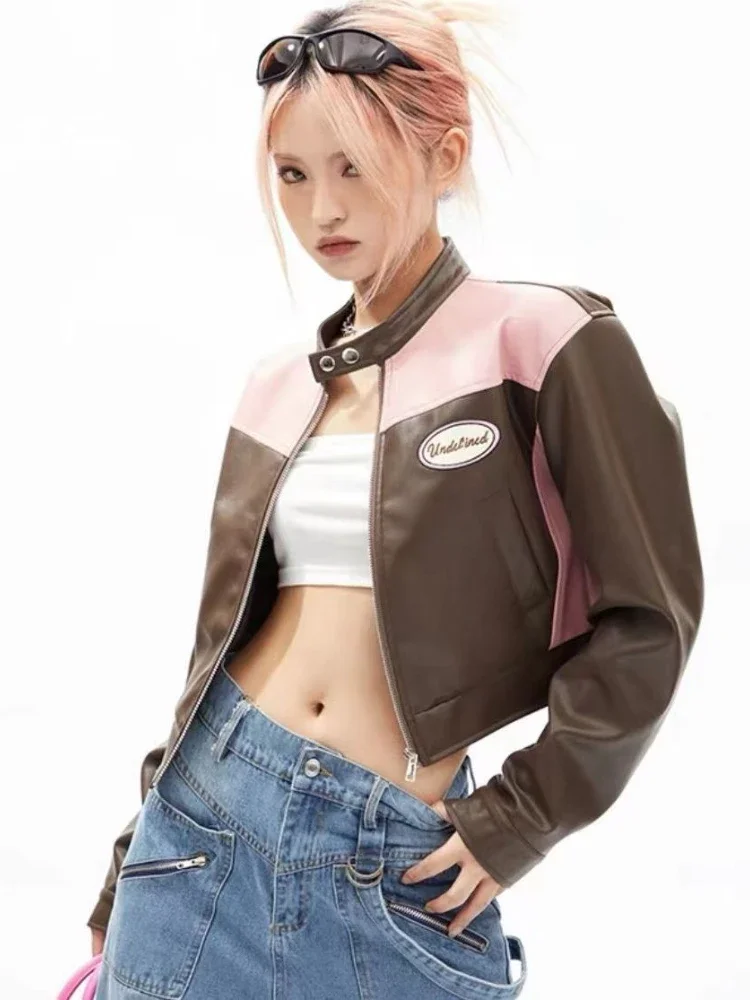 

Retro Jacket New Spring and Autumn Color Collision Cool Biker PU Leather Jacket Female Korean Fashion Streetwear Short Coat New