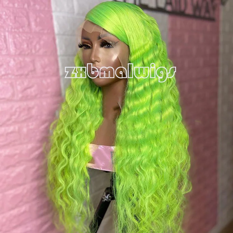 

Water Deep Wave Fluorescent Green Synthetic Hair Lace Front Wig 26 Inch Long Fiber Wavy Frontal Wigs For Fashion Women Glueless