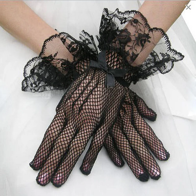 

Elegant Ladies Short Lace Gloves New Sheer Fishn Net Black White Prom Party Gloves Female's Fashionable Soild Color Mittens Hot