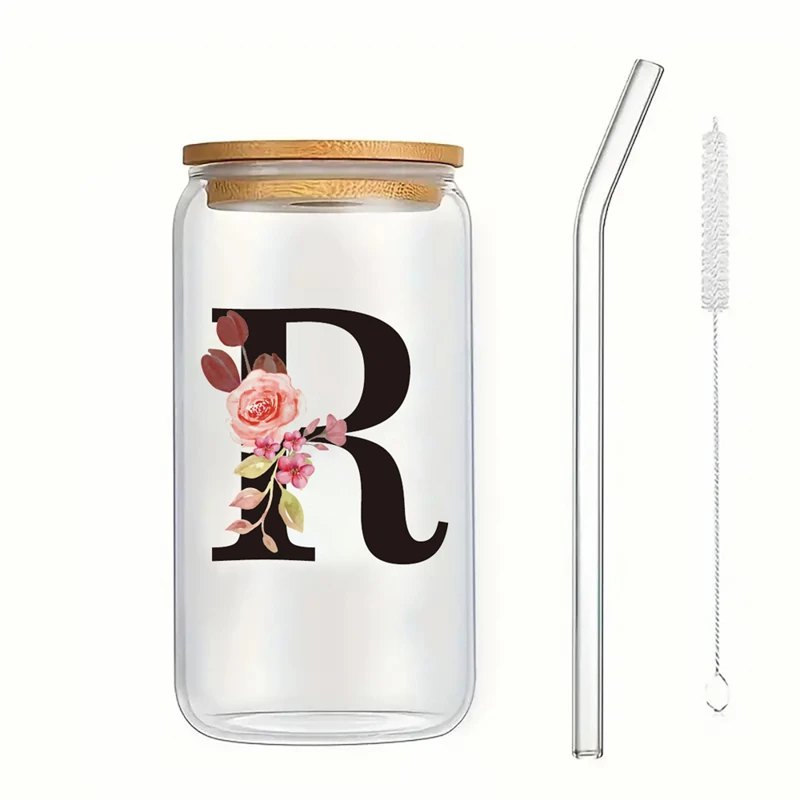 알파벳 꽃 마시는 유리 편지 A-Z 아이스 커피 물 주스 병 뚜껑 밀짚 브러시 생일 선물과 휴대용 클리어 컵