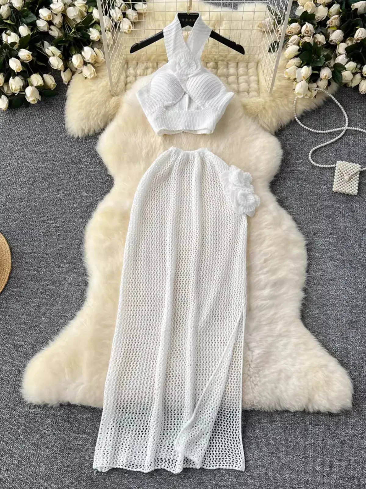 Summer Sexy Women 2 Piece Set Outfit Fashion Knitted Two Pieces Suits Halter Cropped Top And High Waist Hollow Out Midi Skirts