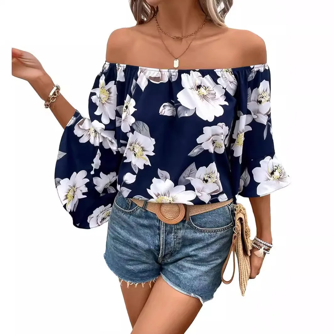 

Summer New Style Floral One-line Neckline Off-shoulder Trumpet Sleeves Fashionable Loose Top Women's Shirt Blusas De Verano