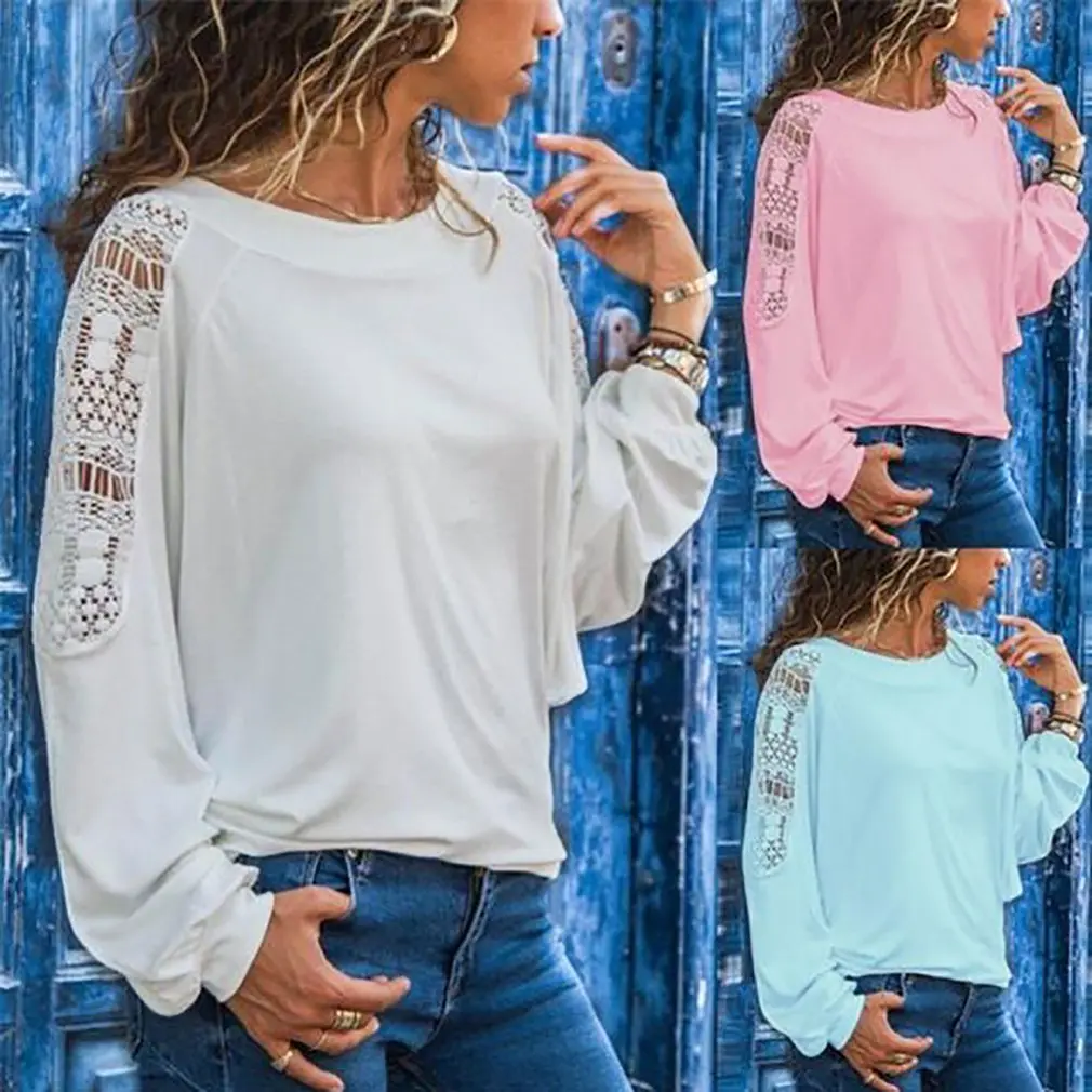 

Женская Осенняя однотонная облегающая Кружевная футболка с длинным рукавом, Женский Повседневный строгий пуловер, свободные Модные топы