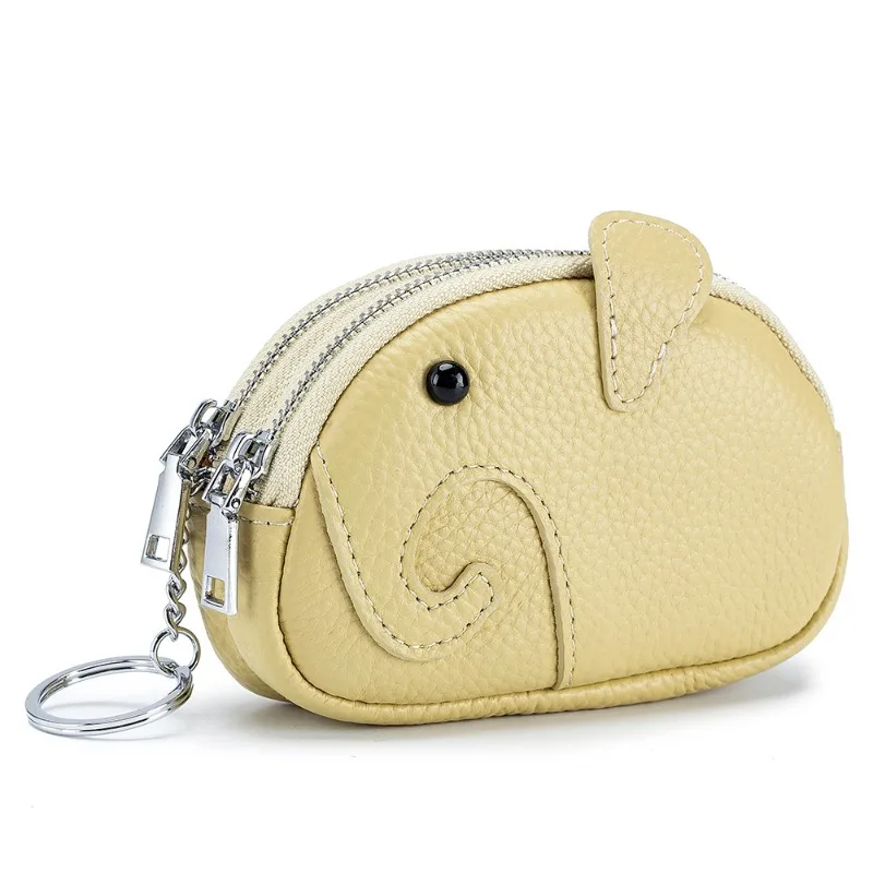 

Women's Coin Wallet in Cow Leather with Dual Zipper Closure Cute Elephant Design Solid Color Mini Purse