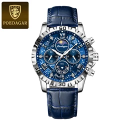 Luxury Men's Waterproof Luminous Chronograph Watch with High-Quality Leather Strap (973 Silver Blue)